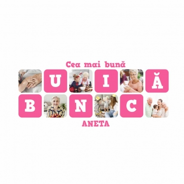 Cana alba personalizata colaj 6 foto + text CEA MAI BUNA BUNICA + nume