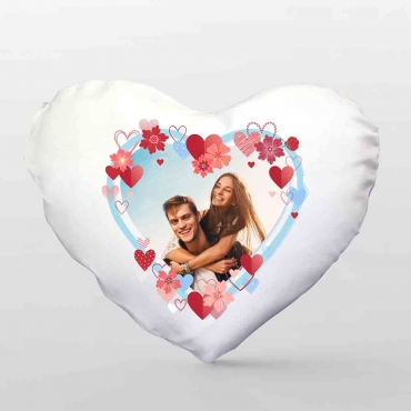 Perna personalizata in forma de inima cu fotografie, inimioare bleu si roz