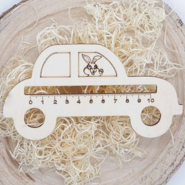 Rigla pentru copii din lemn, masina iepuras, 15 cm